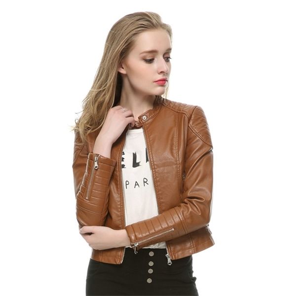 Moda Mulheres Zipper elegante Faux Leather Biker Jaqueta Marrom Black Slim Ladies Coat Brand Casual Motorcycle Coat de couro 210908