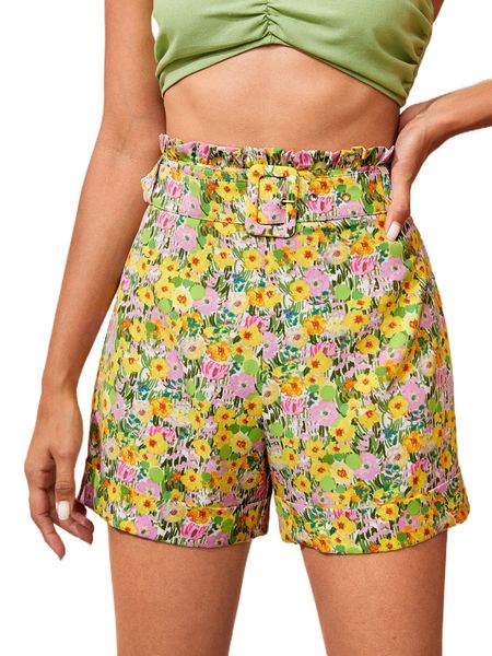 

allover floral print paperbag waist belted shorts s5r5#, White;black