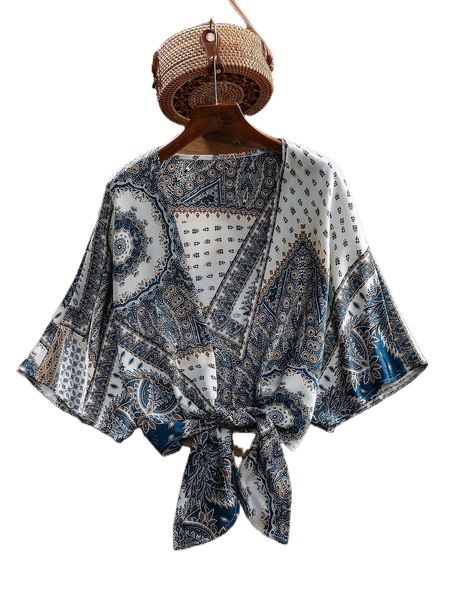 

plus scarf print batwing sleeve knot front blouse g7ws#, Black
