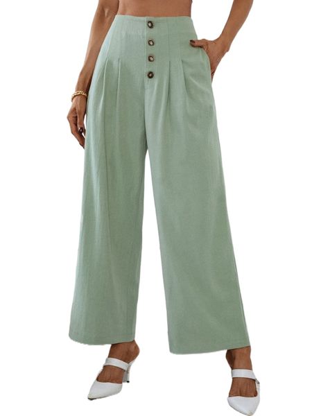 

button fly wide leg pants q4ce#, Black;white