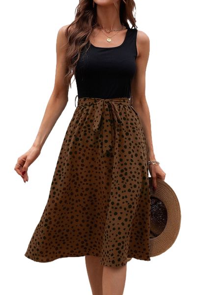 

colorblock belted a-line dress p2ft#, Black;gray