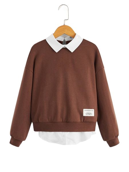 

girls contrast collar patched detail drop shoulder pullover y1xp#, Black;white