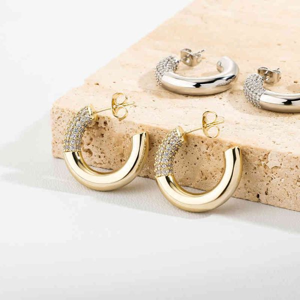 

star same micro inlaid zircon geometric c-ring simple smooth mosaic earrings women's gold australia jewelry, Silver