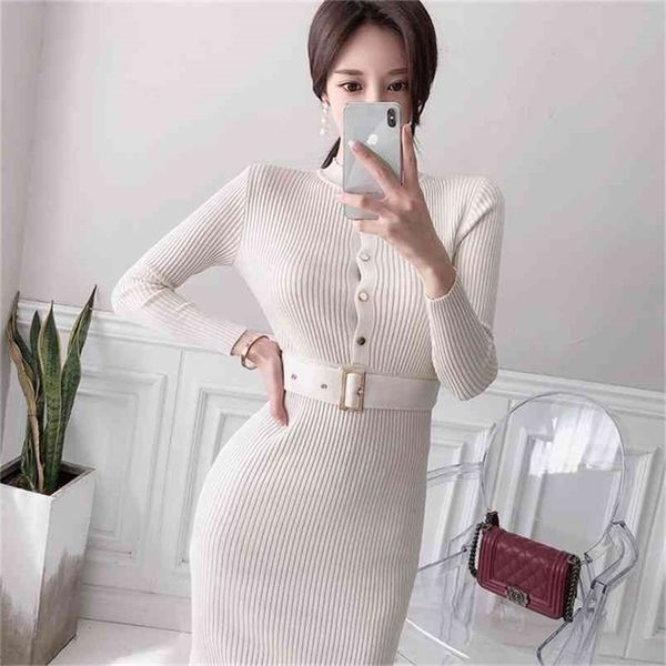 

autumn winter knitted pencil dress women long sleeve o-neck single breasted belt korean elegant ol style sweater dresses 210513, Black;gray