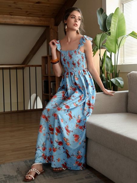 

ruffle trim shirred bodice floral dress d78p#, Black;gray