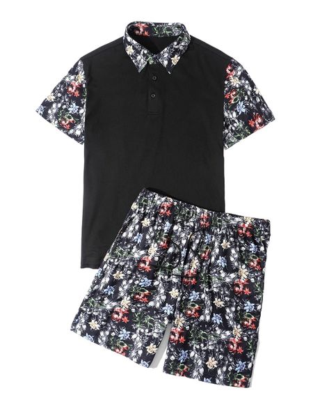 

men floral print polo shirt & drawstring waist shorts p01u#, Gray