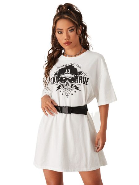 

x vecster skull & letter graphic drop shoulder belted tee dress y6xk#, Black;gray