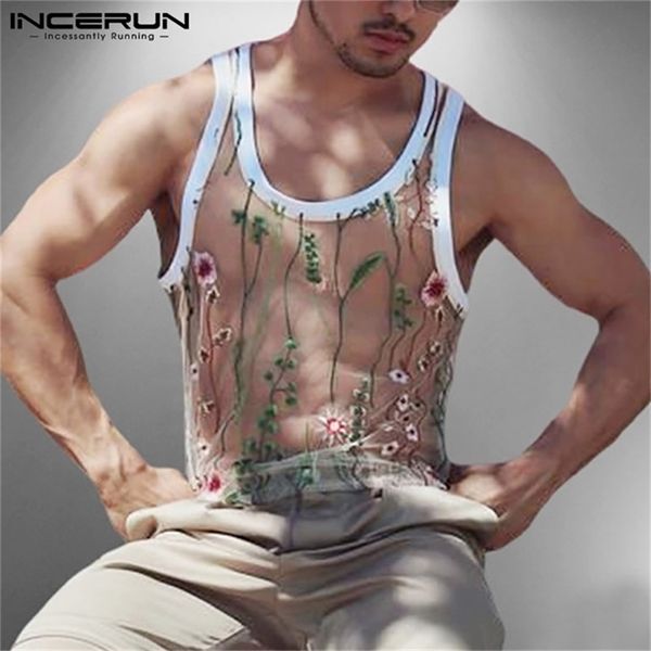 

men tank mesh see through embroidered sleeveless o neck breathable streetwear vests casual s5xl incerun d220615, White;black