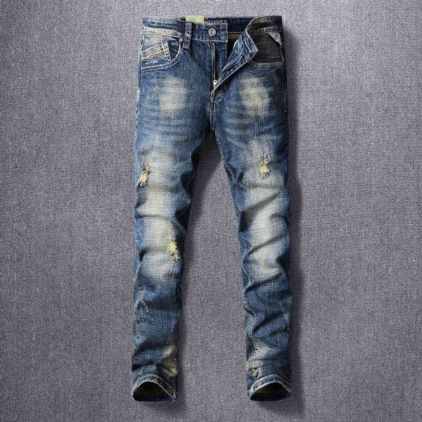 

men's jeans fashionable men's jeans with holes are worn washed embroidered patches micro elastic slim fitting pants fashion yawu, Blue