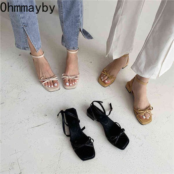 Sandali Moda Bowtie Donna Open Toe Donna Tacco spesso Scarpe Casual Roman Beach Sandalo 2022 Cinturino alla caviglia Estate Mujer 220704