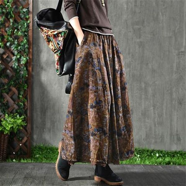 

spring autumn arts style women high waist cotton a-line long skirt vintage print loose maxi skirt female casual skirt s272 210315, Black