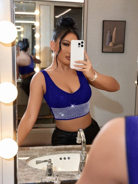 

sxy rib knit rhinestone detail crop tank 99ji#, White