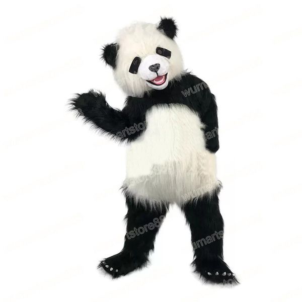 Costume della mascotte del panda dei capelli lunghi di Halloween Personaggio dei cartoni animati Personaggio dei cartoni animati Carnevale Festival Vestito operato Taglia per adulti Abito da pubblicità all'aperto di Natale