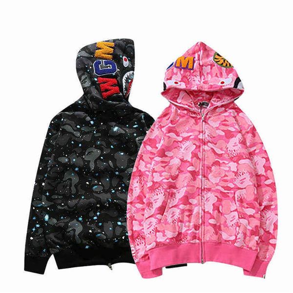 

baped shark camouflage print sweatshirt men harajuku graffiti autumn winter hooded hoodies hip hop long sleeve coat women jacket2288, Black