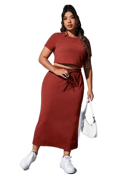 

sxy plus solid crop tee & drawstring waist skirt o372#, Black