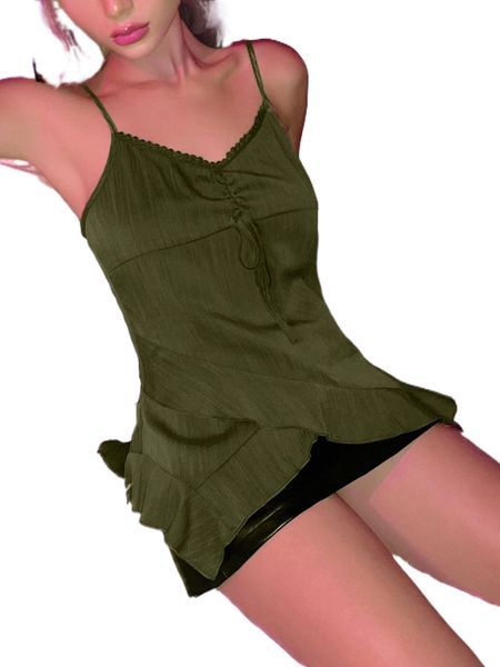 

lace trim ruched knot front wrap cami 05d3#, White