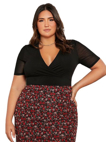 

plus contrast mesh surplice neck tee b0yh#, Black