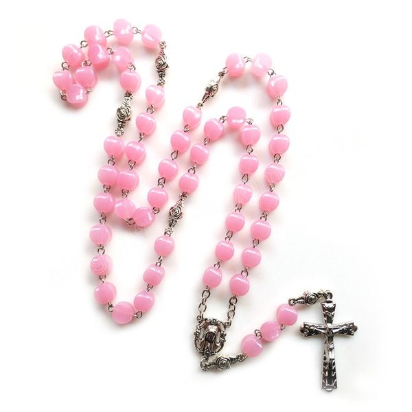 

pink luminous catholic rosary necklace long acrylic beads strand cross pendant religious jewelry, Silver