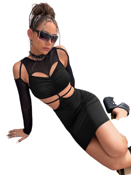 

cut out contrast mesh ruched bust bodycon dress 73tp#, Black;gray