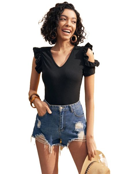 

cut out ruffle trim tee d0xd#, White