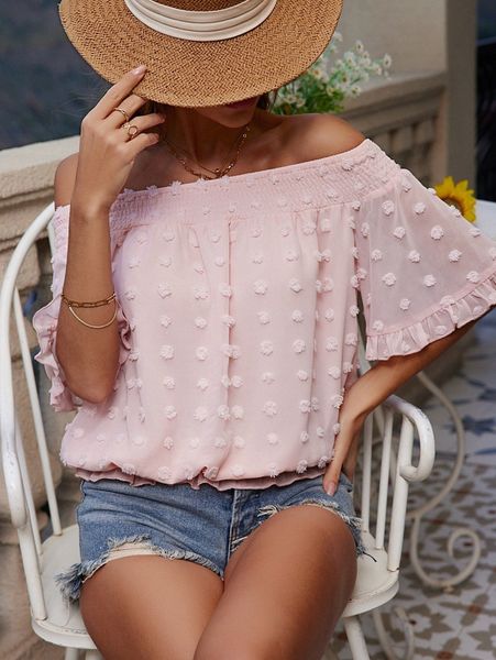 

swiss dot shirred off shoulder chiffon blouse p2rg#, White