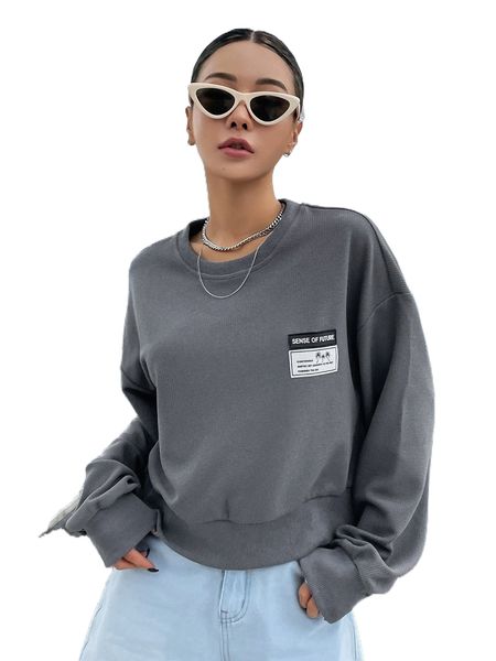 

dazy letter patched drop shoulder sweatshirt e42c#, Black