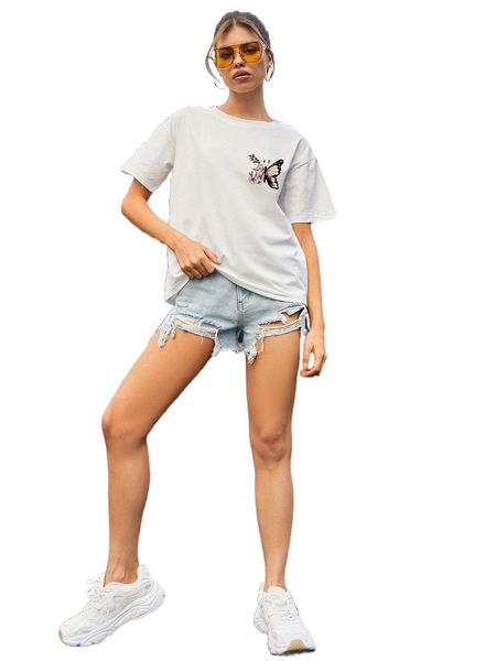 

butterfly print drop shoulder tee 55j4#, White