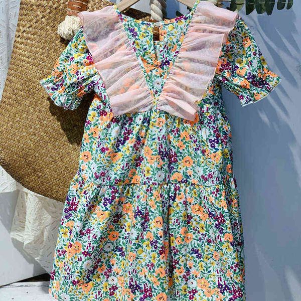 

korean girl summer dress 21 new small fresh lotus leaf collar clothes big children floral dress children princess dress l220715, Red;yellow