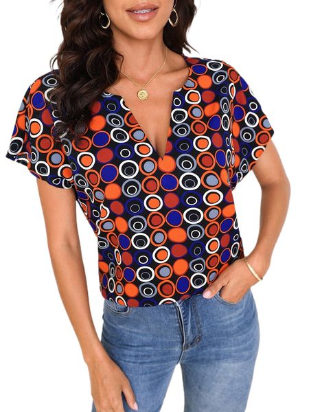 

geo print dolman sleeve notched neck blouse k419#, White