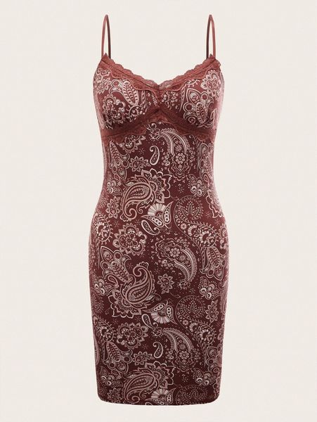 

floral & paisley print contrast lace cami dress s6me#, Black;gray
