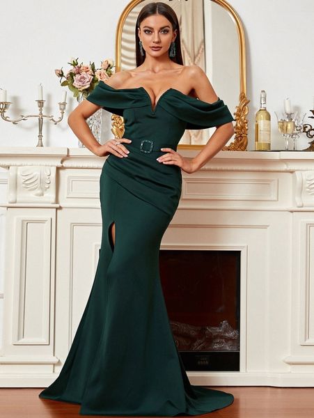 

missord off shoulder v wired slit thigh mermaid hem formal dress 876i#, Black;gray