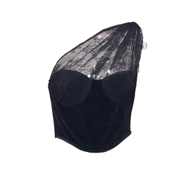 

european and american black lace single shoulder perspective golden velvet fishbone exposed navel ins cross-border corset vest female s6vj#, White