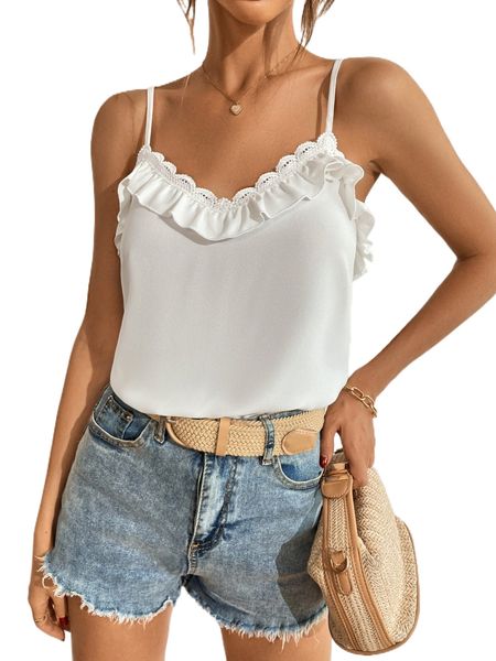 

guipure lace panel ruffle trim cami h0dd#, White