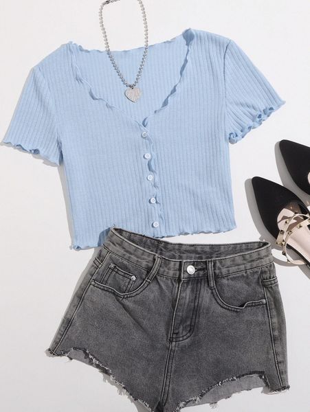 

buttoned front lettuce trim rib-knit tee 902a#, White