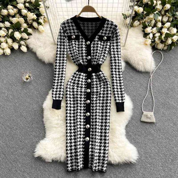 

casual dresses korean ins single breasted bird check v-neck long sleeved knitted dress knee length skirt wool 3c59, Black;gray