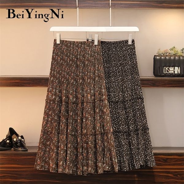 

beiyingni high waist skirt women vintage floral printed casual korean xl-4xl skirts ladies fashion maxi retro skirts 210315, Black