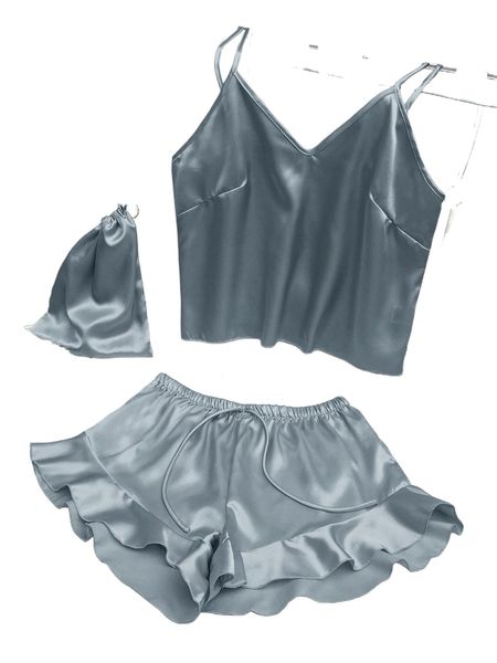 

tie front ruffle hem satin pj set s7yt#, Black;red