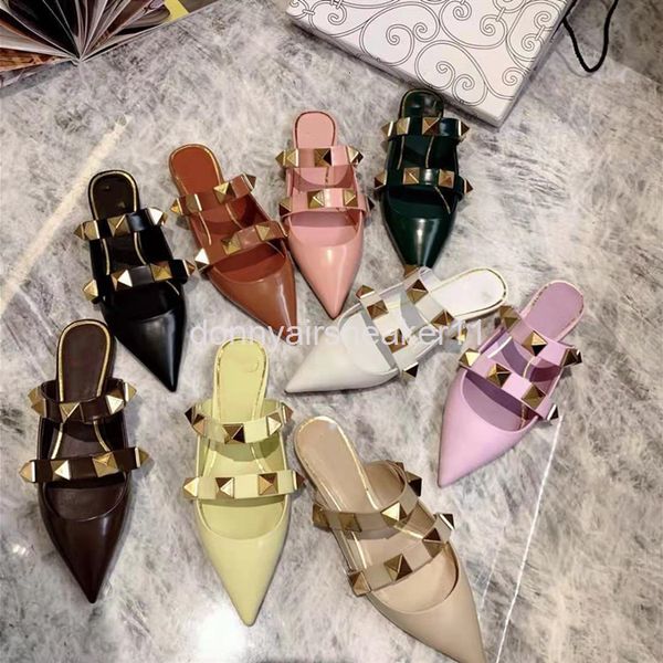 

slippers early spring pointed shallow mouth baotou back empty leather middle heel thin rivet sandals for women, Black