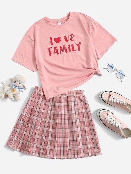 

teen girls letter & heart graphic tee & tartan skirt set she, White
