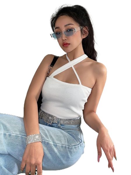 

dazy criss cross rib-knit halter t9dr#, White