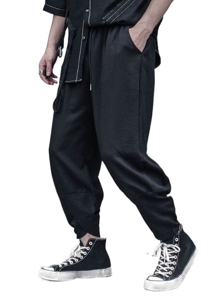 

men tulip hem drawstring waist tapered pants x7ru#, Black
