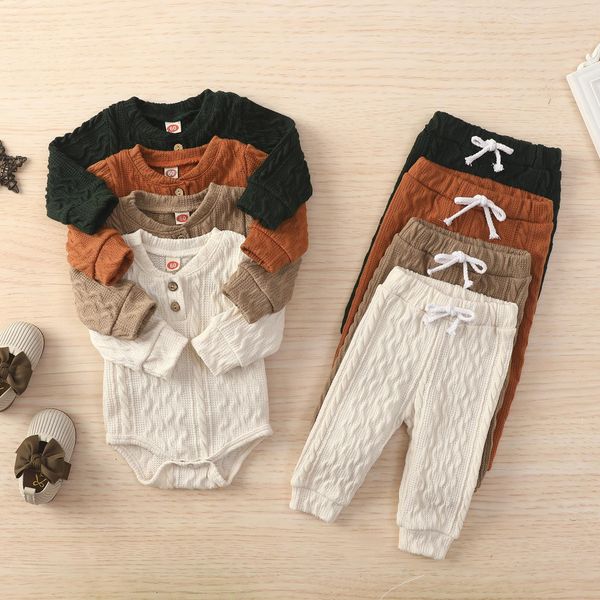 

baby girl romper pants sets suit long sleeve round neck button sweater knitting casual trousers, White