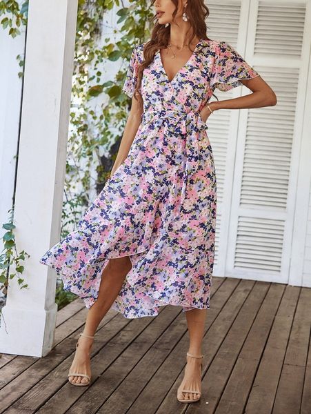 

floral print flutter sleeve ruffle hem belted dress w7yv#, Black;gray