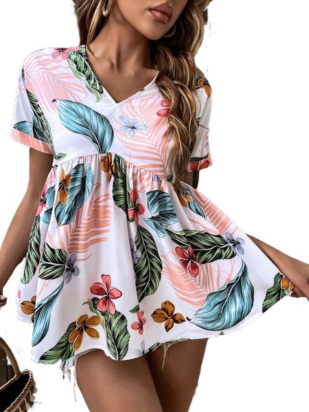 

tropical print batwing sleeve peplum blouse f1wb#, White