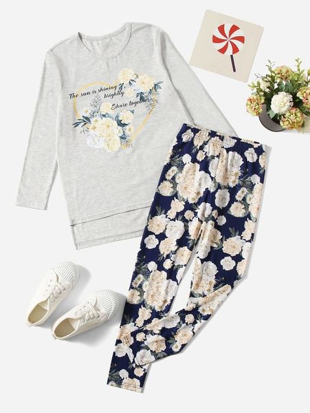 

girls floral and slogan graphic high low hem & leggings she, White