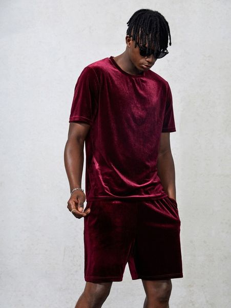 

men velvet tee & drawstring waist shorts 61eh#, Gray