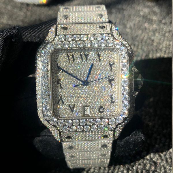 Designer Diamond Relógios 2022 Prata Cubic Zirconia Diamonds Assista Algarismos Árabes Luxo MISSFOX Square Automatic Men Full Iced Out Zircon Relógio de pulso com caixa