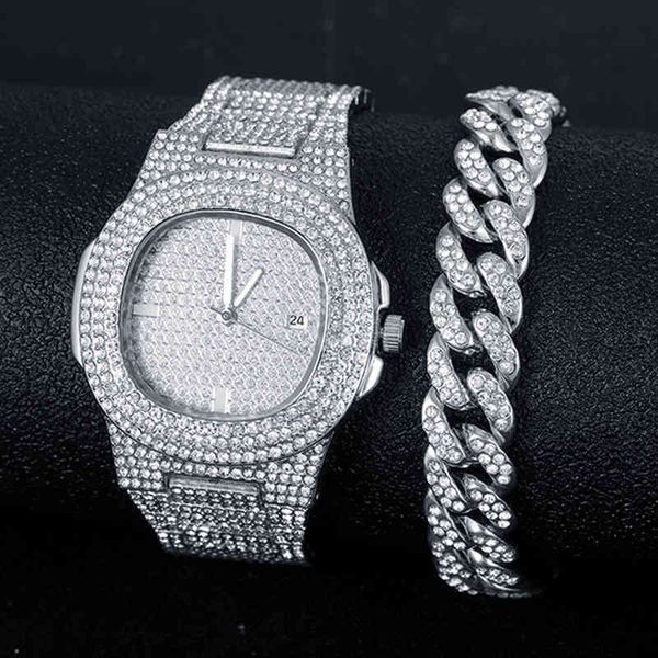 

iced out bling men watch with bracelet luxury rhintone quartz watch man women's watch relogio masculino, Slivery;brown