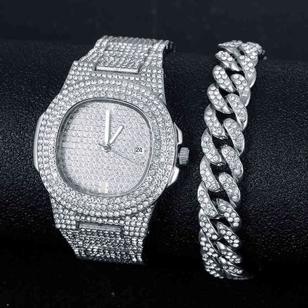 Iced Out Bling Men assista com bracelete Luxo Rhintone quartzo assista man women's watch relógio masculino