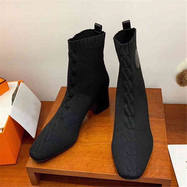 

boots women's square socks high heels and thick heels wear shorts fashion, Black